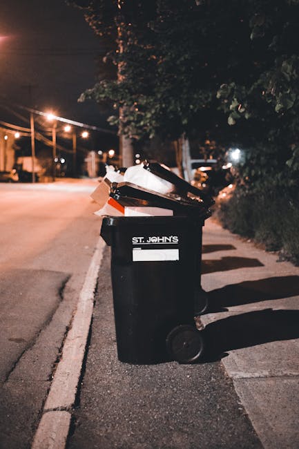 A black wheelie bin with the label 'ST. JOHN'S' is positioned on the curbside of a street at night. The bin contains various discarded materials, including flattened cardboard boxes, paper, and plastic waste, which are spilling over the top. The textures of the bin's smooth plastic surface are visible, along with the rougher, corrugated cardboard and crumpled paper within. The bin's wheels are resting on the paved pavement, and the container is slightly tilted forward. In the background, there are streetlights casting a warm glow, illuminating the asphalt road and the adjacent roadside vegetation, including dark leafy bushes and trees. To the left, a white painted line marks the edge of the street. The scene is quiet with no pedestrians or vehicles visible, suggesting an early morning or late evening setting. This setup reflects a typical instance of private waste disposal, aligning with the concept of independent rubbish collection or on-site clearance services, such as those offered by Rubbish Removal Waterloo, emphasizing the importance of proper waste management outside of local council collection schemes.