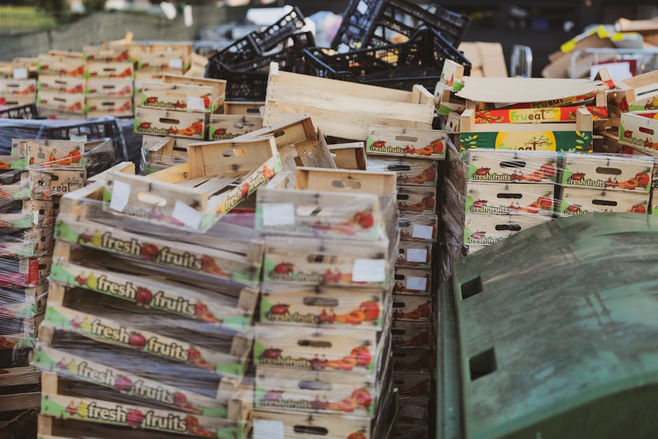 A large outdoor pile of cardboard fruit and vegetable boxes stacked in an irregular arrangement, with some boxes leaning against each other and others lying open or upside down. The boxes are primarily light-colored with printed labels and images of assorted fresh fruits and vegetables, including tomatoes and peppers, in red, green, and orange hues. In the background, there are black plastic crates stacked haphazardly, and other discarded packaging materials are visible amidst the clutter. To the right, part of a weathered green trash bin or container can be seen, indicating an area designated for waste or recycling collection. The scene is illuminated by natural daylight, creating a neutral, professional atmosphere suitable for documenting waste management or rubbish removal activities, consistent with services offered by Rubbish Removal Waterloo related to private waste handling and on-site clearance.
